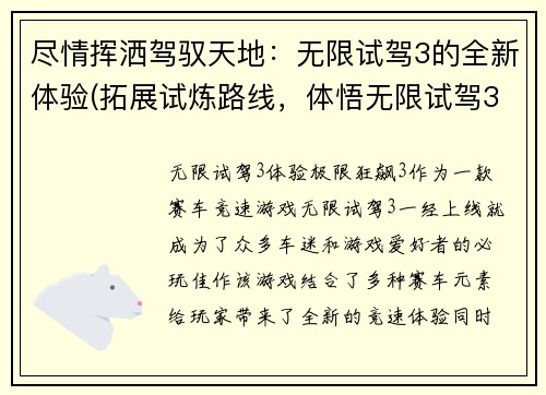 尽情挥洒驾驭天地：无限试驾3的全新体验(拓展试炼路线，体悟无限试驾3全新乐趣！)